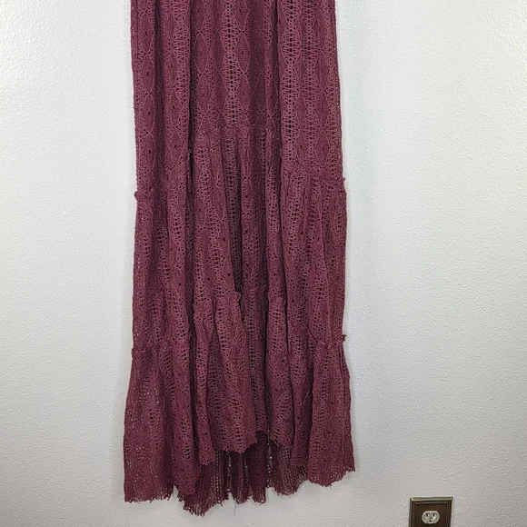 Willow & Root Earth Red Crochet V Neck Adjustible Strap Tiered Maxi Dress Length - Picture 7 of 15